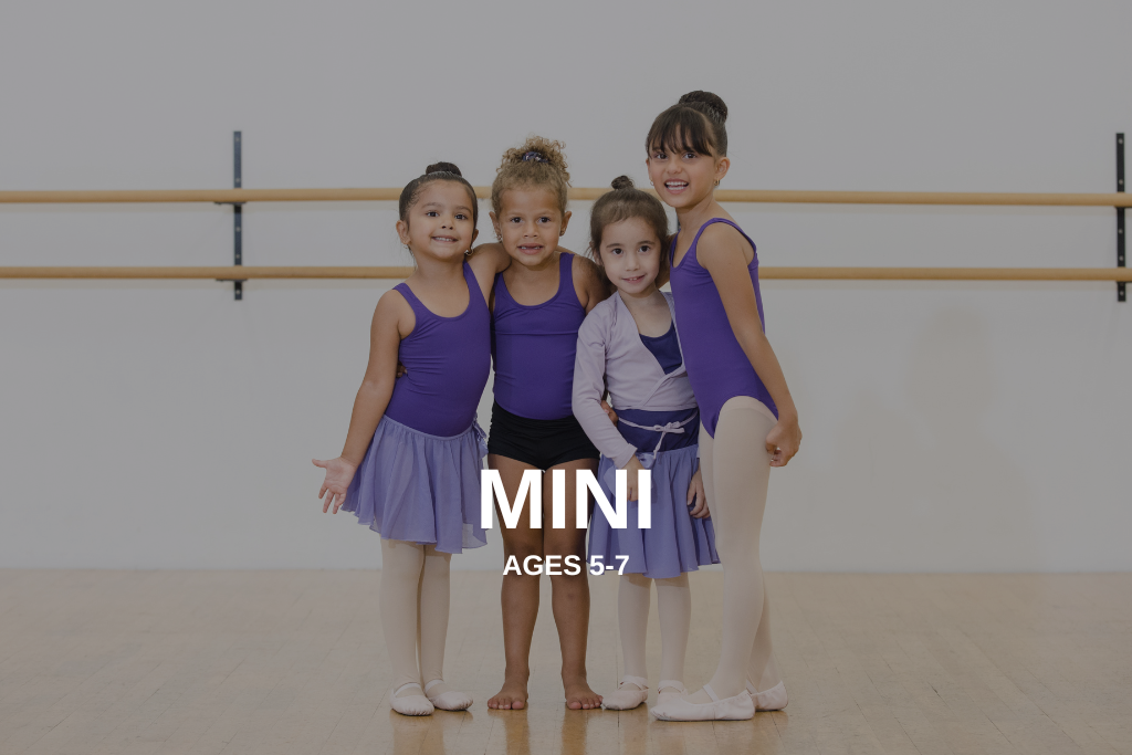 Four dancers smiling and hugging with Mini, ages 5 to 7 written over top