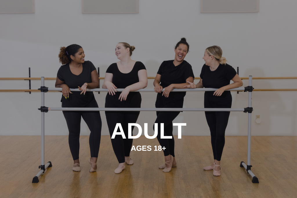 Four adult dancers laughing at the barre with Adult, ages 18 plus written over top