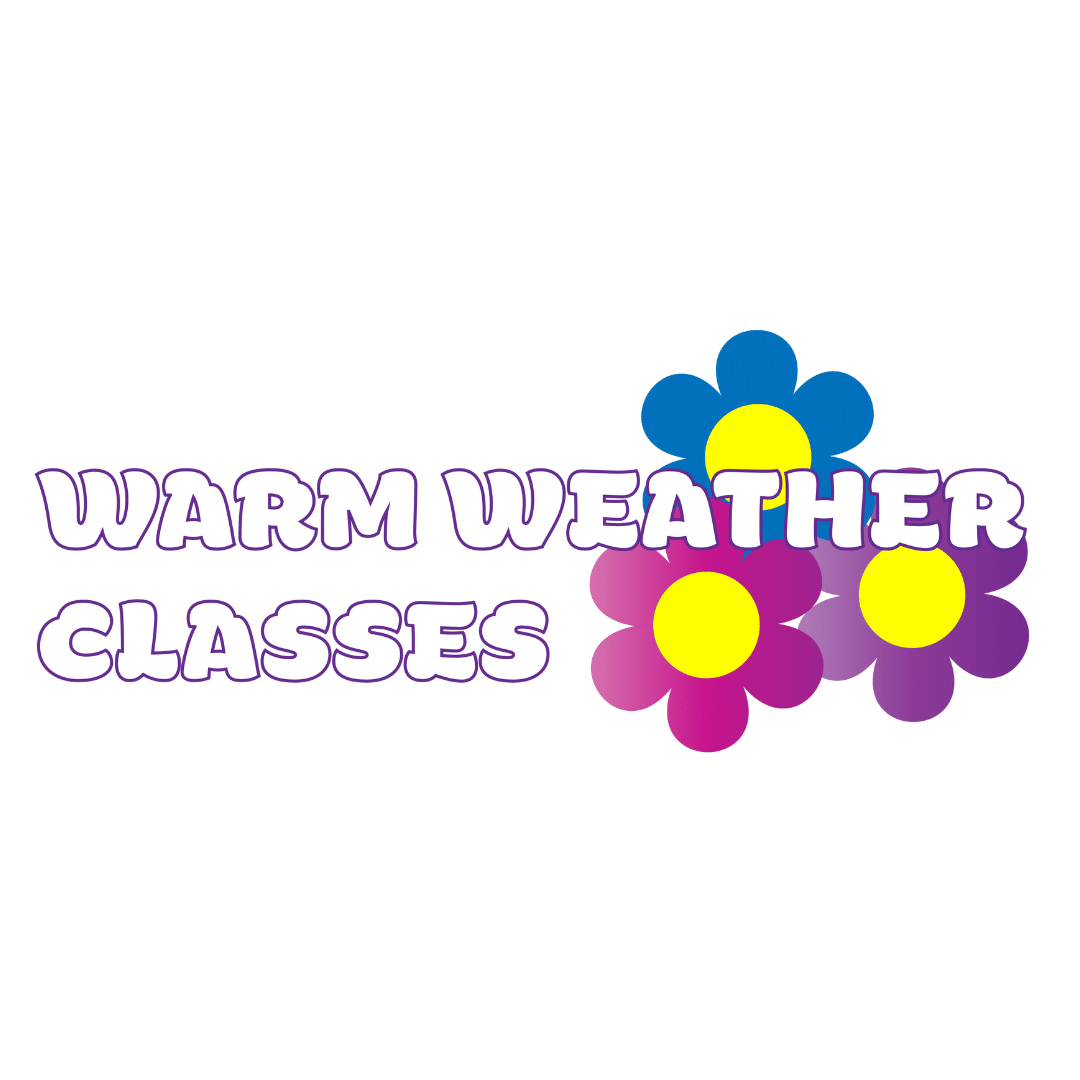 Warm weather classes written in bubble letters with three flowers behind it