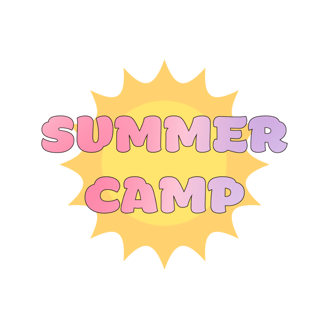 Summer camp written in a pink and purple gradient with a sun in the background