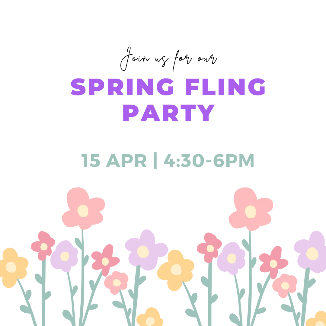 Join us for our Spring Fling party on April 15 from 4:30 p.m. to 6 p.m. with flowers along the bottom