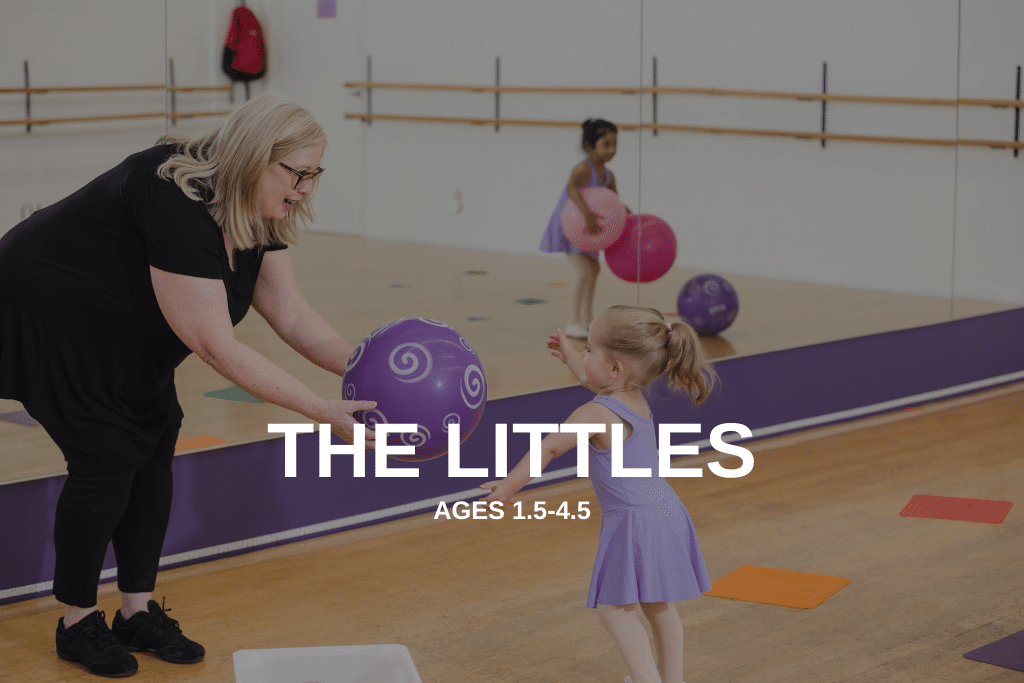Mrs. Lawrence passing ball to a young dancer with Littles, ages 1.5 to 4.5 written over top