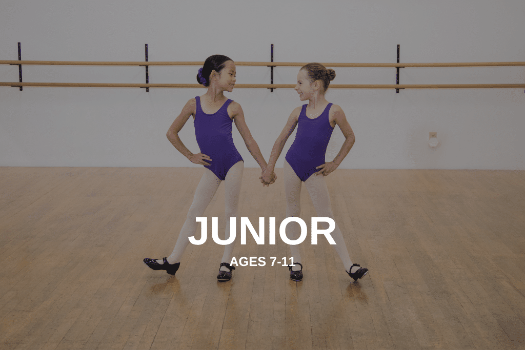 Two dancers holding hands and smiling at each other with Junior, ages 7 to 11 write over top