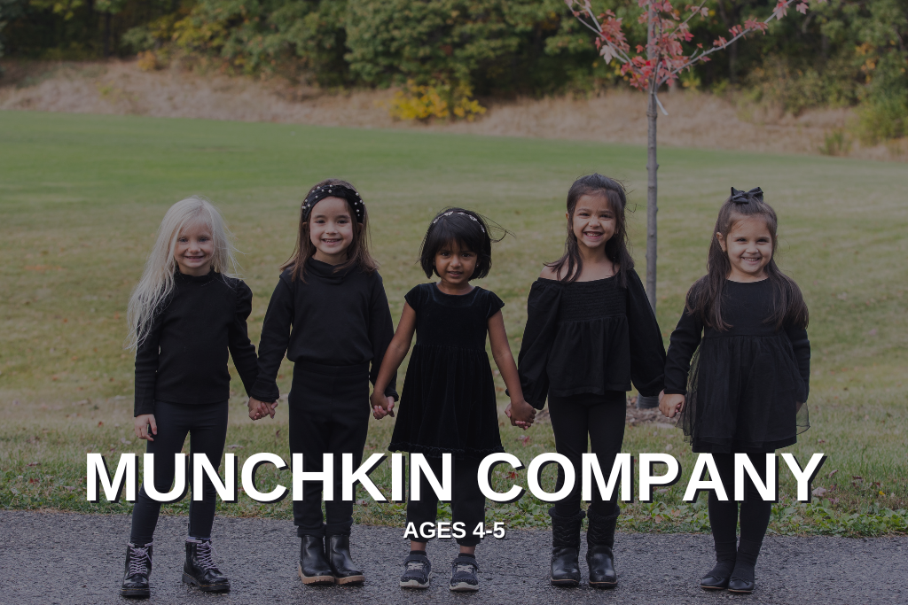 Group photo of our Munchkin Company with the words Munchkin Company, ages 4 to 5 overtop