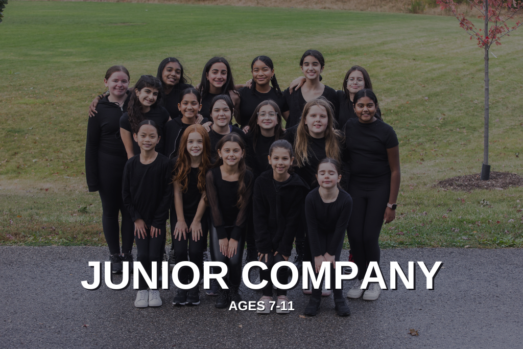Group photo of our Junior Company with the words Junior Company, ages 7 to 11 overtop