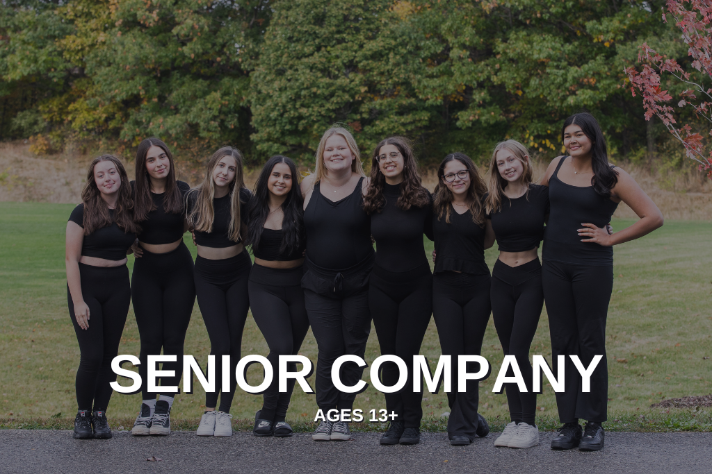 Group photo of our Senior Company with the words Senior Company, ages 13 plus overtop