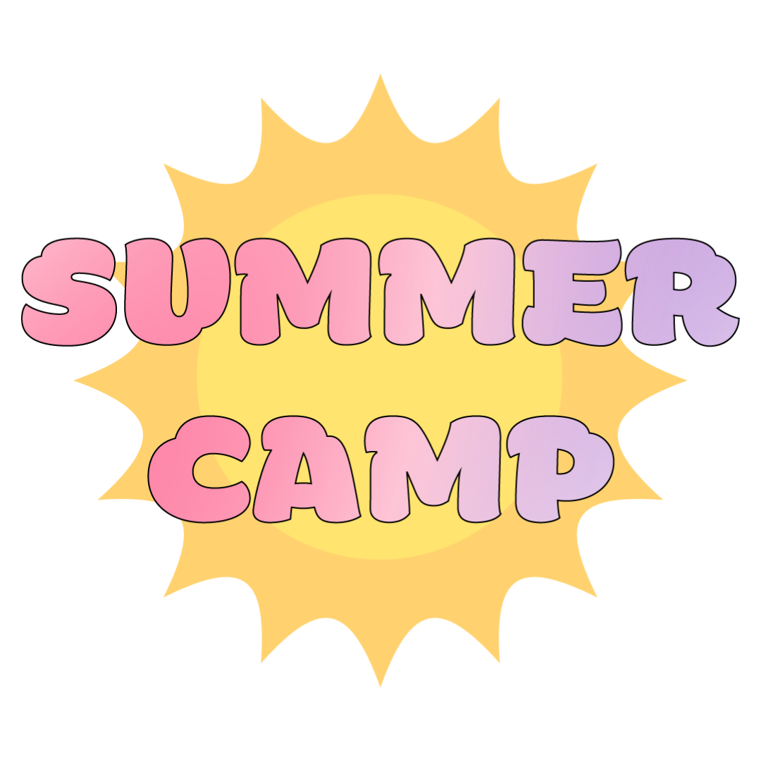 Infographic that says Summer Camp in a pink and purple gradient with a sun in the background