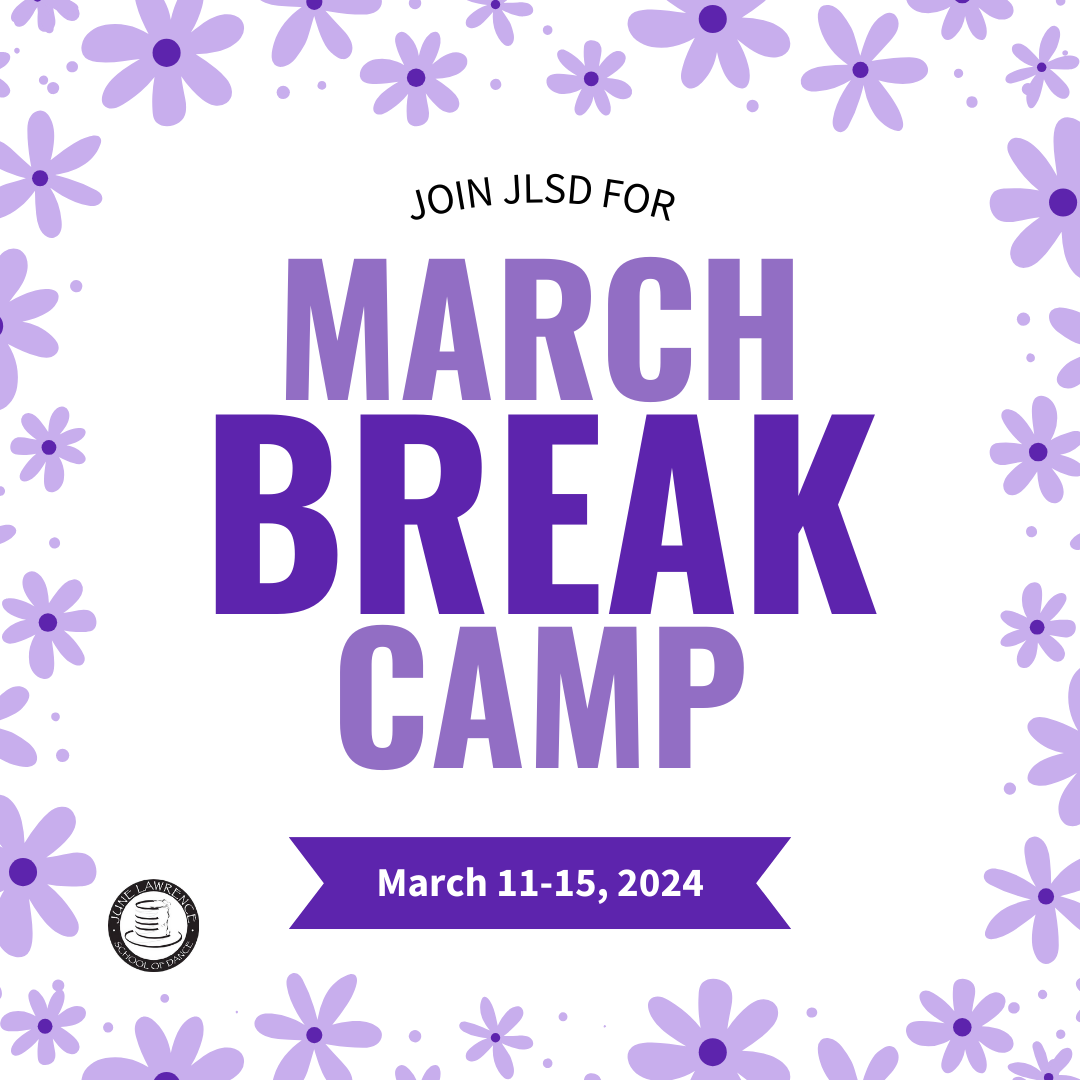 White and purple infographic that says Join JLSD for March Break Camp March 11 to 15. Purple flowers border the infographic