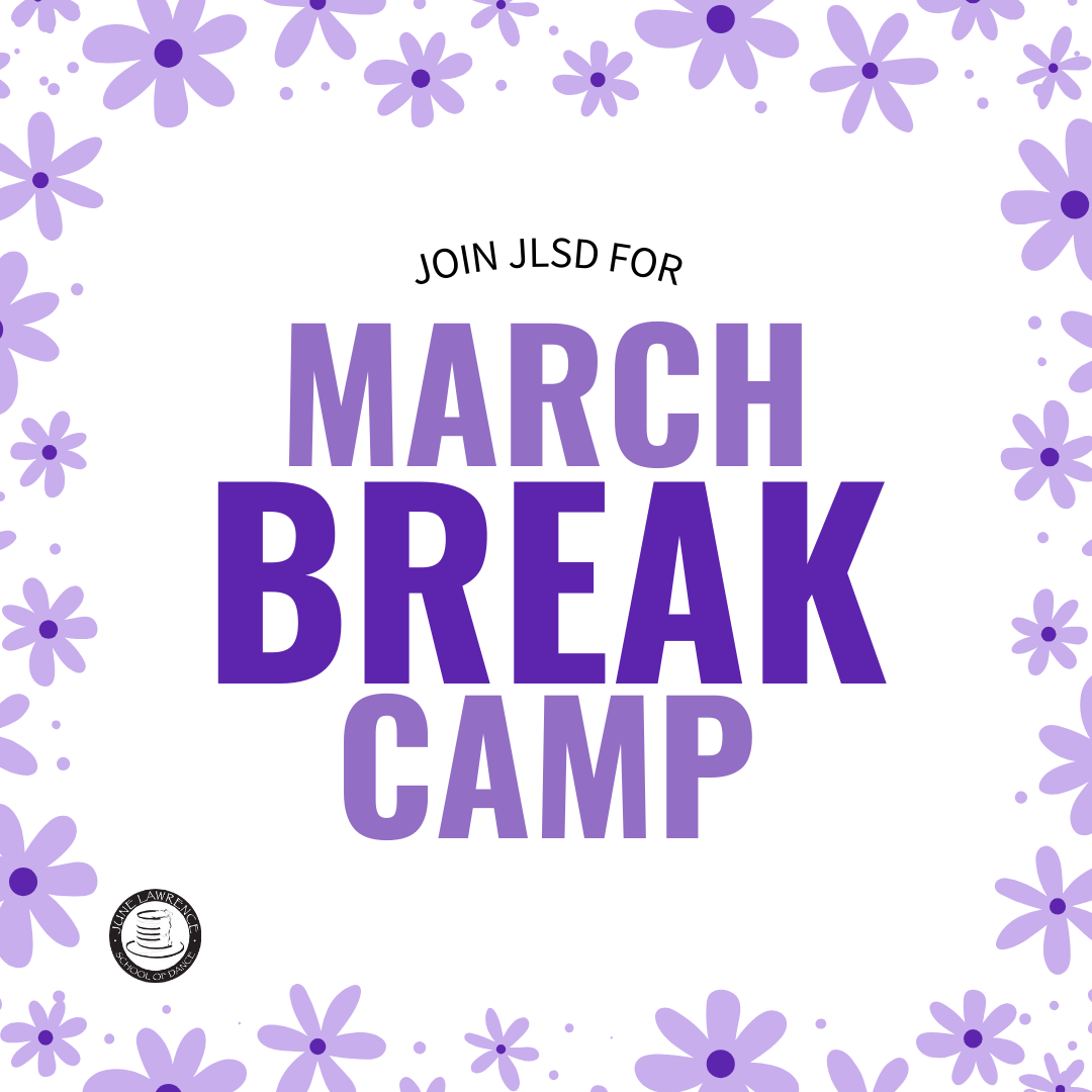 Infographic that says Join JLSD for March Break camp with a purple flower border and the JLSD logo in the bottom left corner